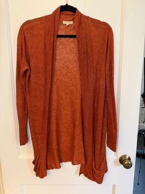 Eileen Fisher Knit Rust Open Neck Long Sleeve Cardigan Sweater Pockets Women M
